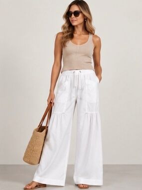 XCVI Women’s S White Ruched Wide Leg Pants Cotton Stretch Drawstring